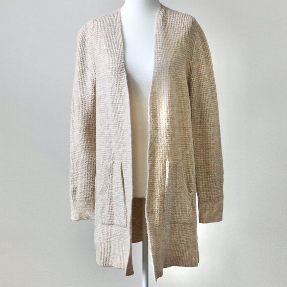 Time and Tru Cream Oatmeal Speckled Midi Open Cardigan Sweater Pockets Small - Picture 1 of 6